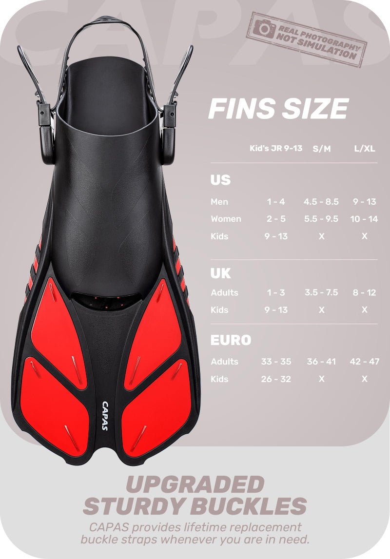 CAPAS Snorkel Fins, Swim Fins Travel Size Short Adjustable for Snorkeling Diving Adult Men Women Kids Open Heel Swimming Flippers - Image 2